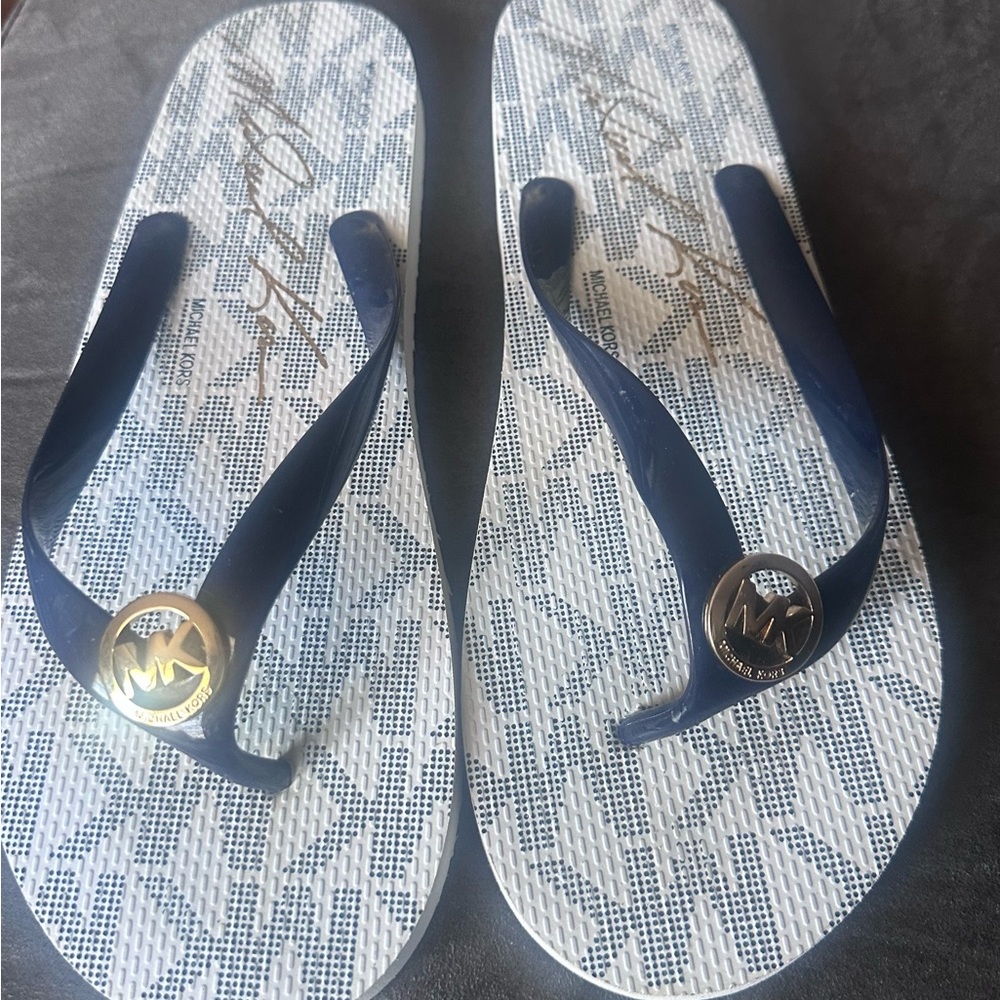 Michael Kors Blue and White Flip Flops with MK belt